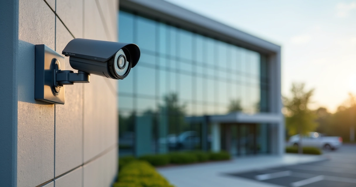 Câmera de segurança externa instalada na fachada de empresa moderna 