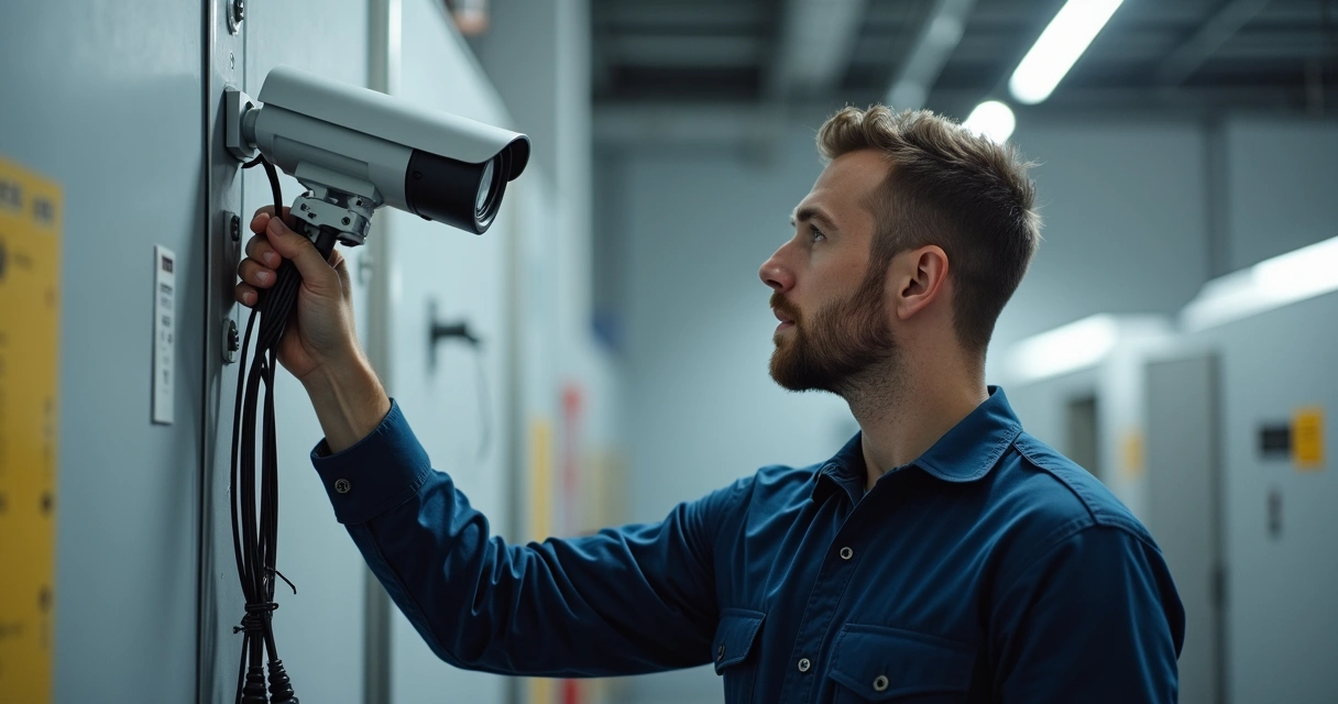 Técnico instalando câmera de segurança em indústria 