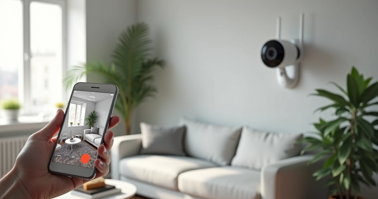 Câmera sem fio instalada em sala de estar residencial 