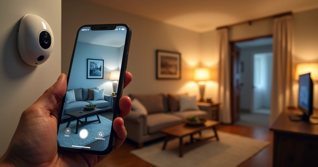 Câmera de segurança interna monitorando sala de estar residencial pelo celular 