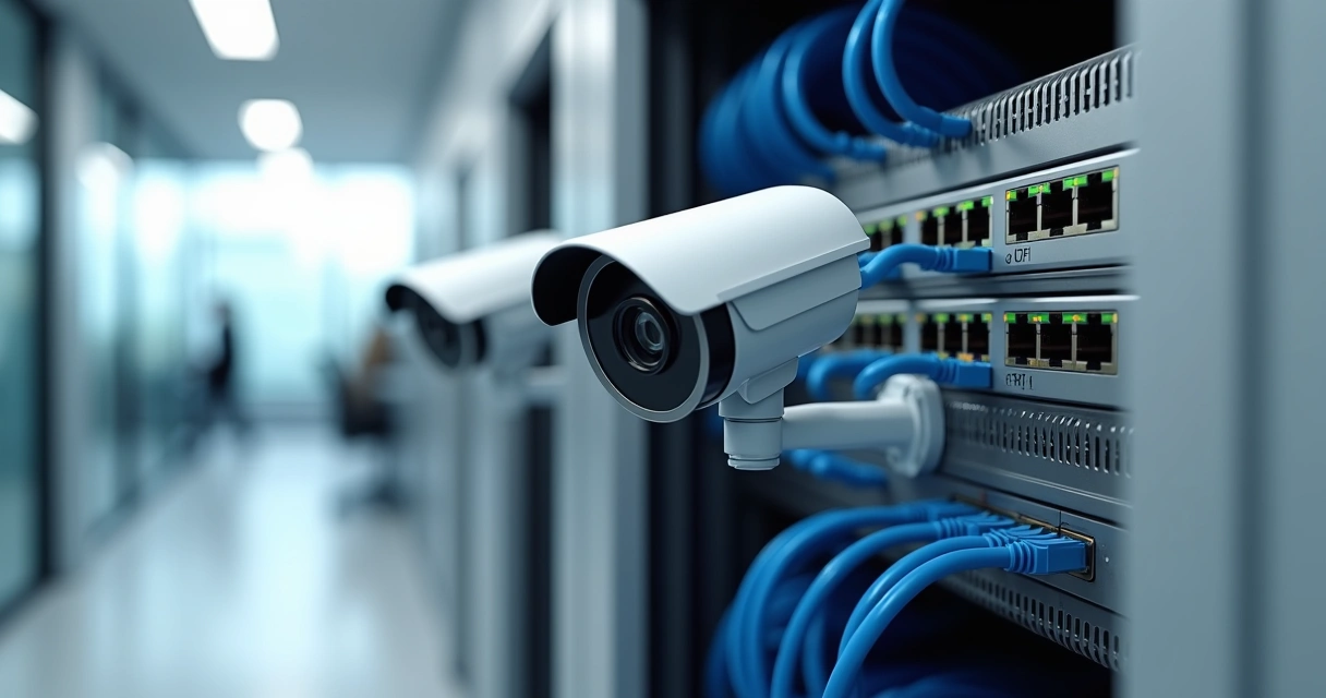 Câmeras de segurança ligadas a switch PoE em rack de rede 