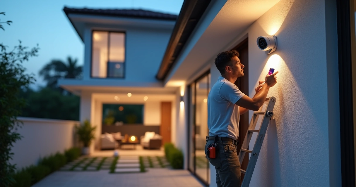 Instalador ajustando câmera de segurança na fachada de casa moderna 