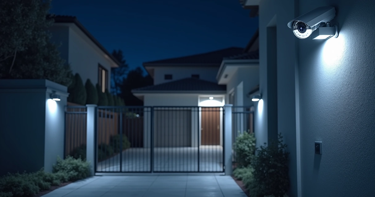 Câmera de segurança monitorando entrada residencial à noite