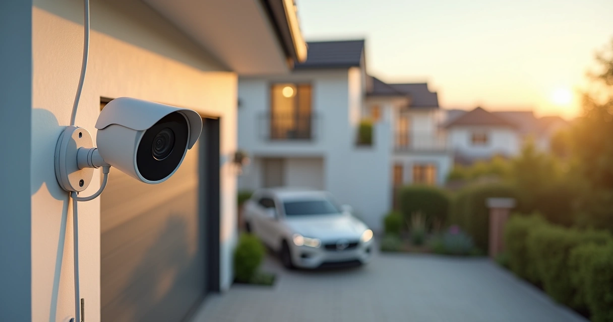 Instalador ajustando câmera de segurança na fachada de casa moderna 