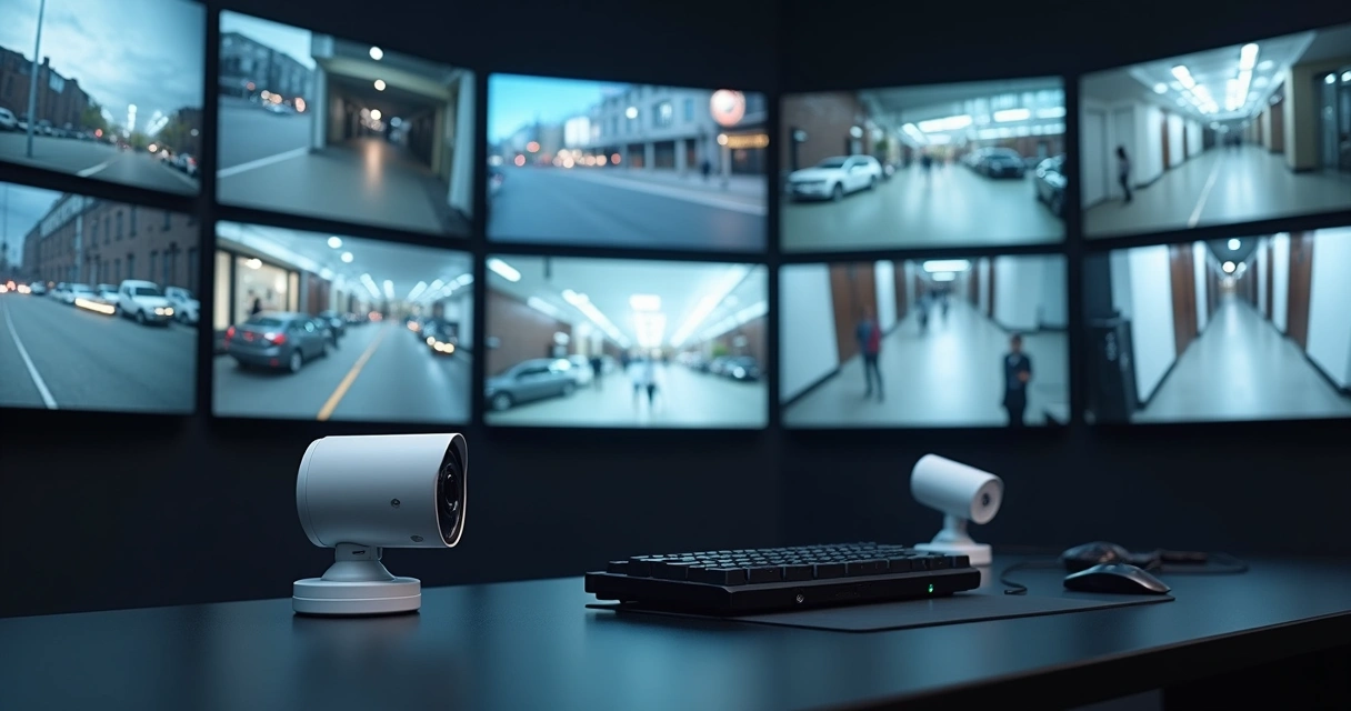 Câmera de segurança 1800p focada em monitor com imagens nítidas de um condomínio 