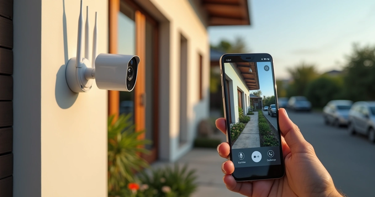 Câmera de segurança sem fio monitorando fachada de casa controlada por aplicativo no celular 
