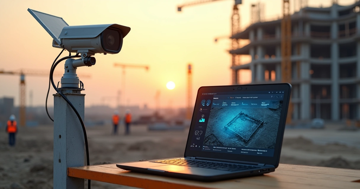 Câmera solar 4G monitorando canteiro de obras com painel digital em primeiro plano 