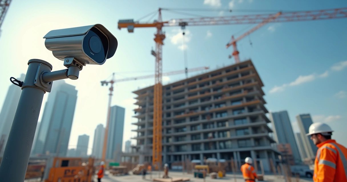 Câmera de obra 4G solar instalada em canteiro com torres e guindastes ao fundo 