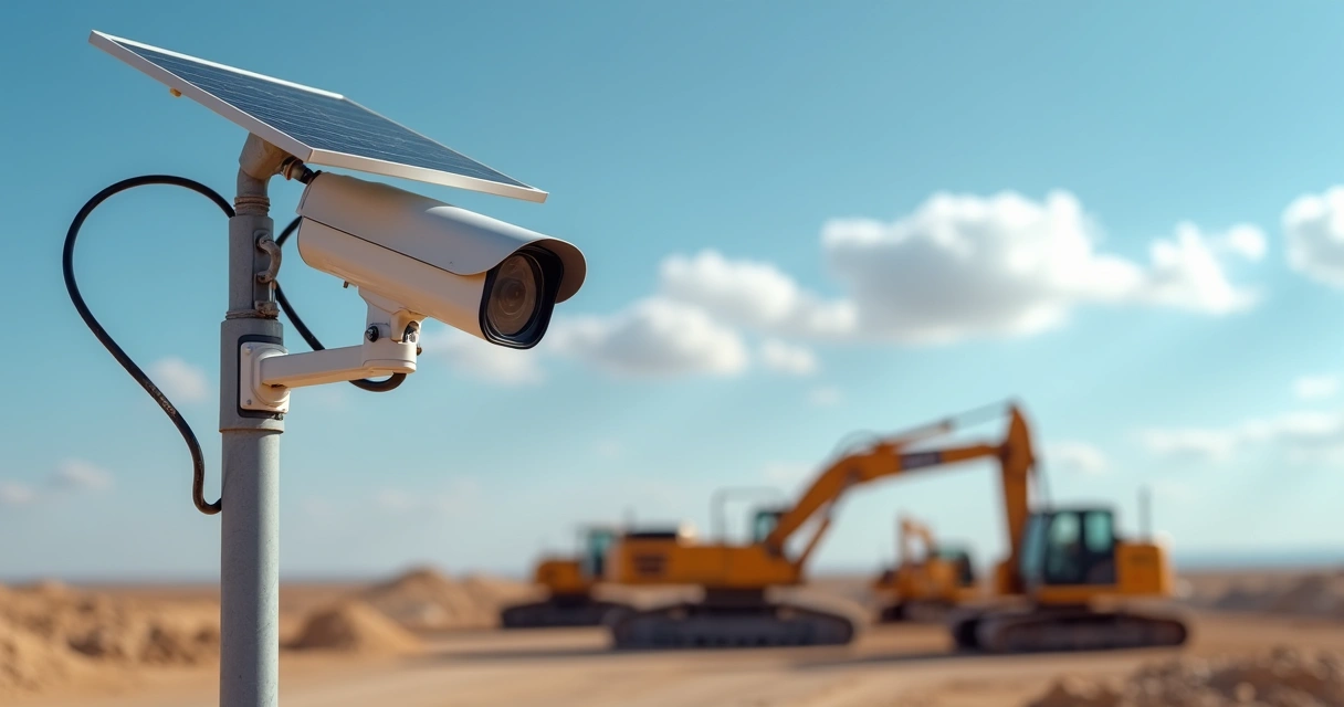 Câmera de monitoramento solar instalada em obra remota sem rede elétrica, captando imagens em tempo real 