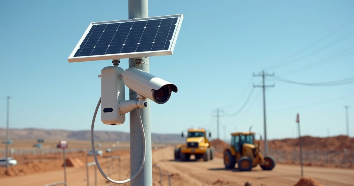 Câmera solar 4G instalada em poste em área remota de obra 