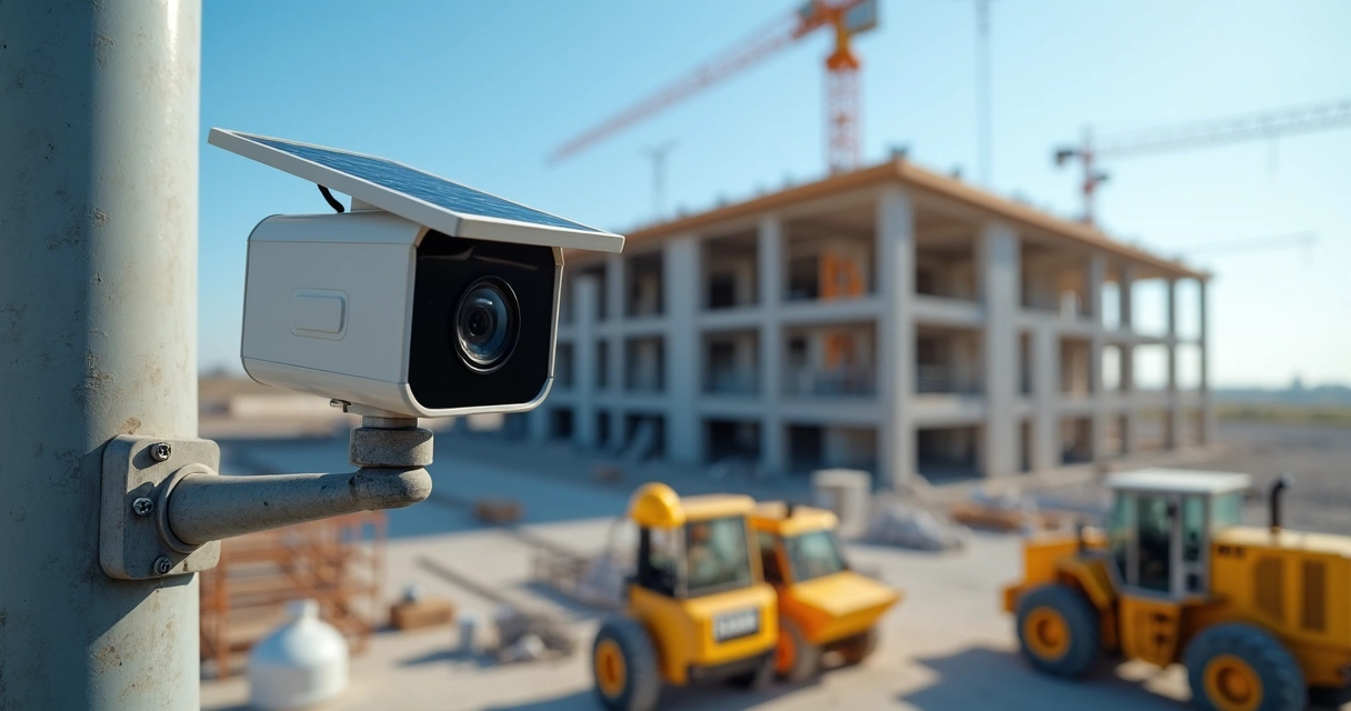 Câmera solar instalada em obra com estrutura metálica e operários