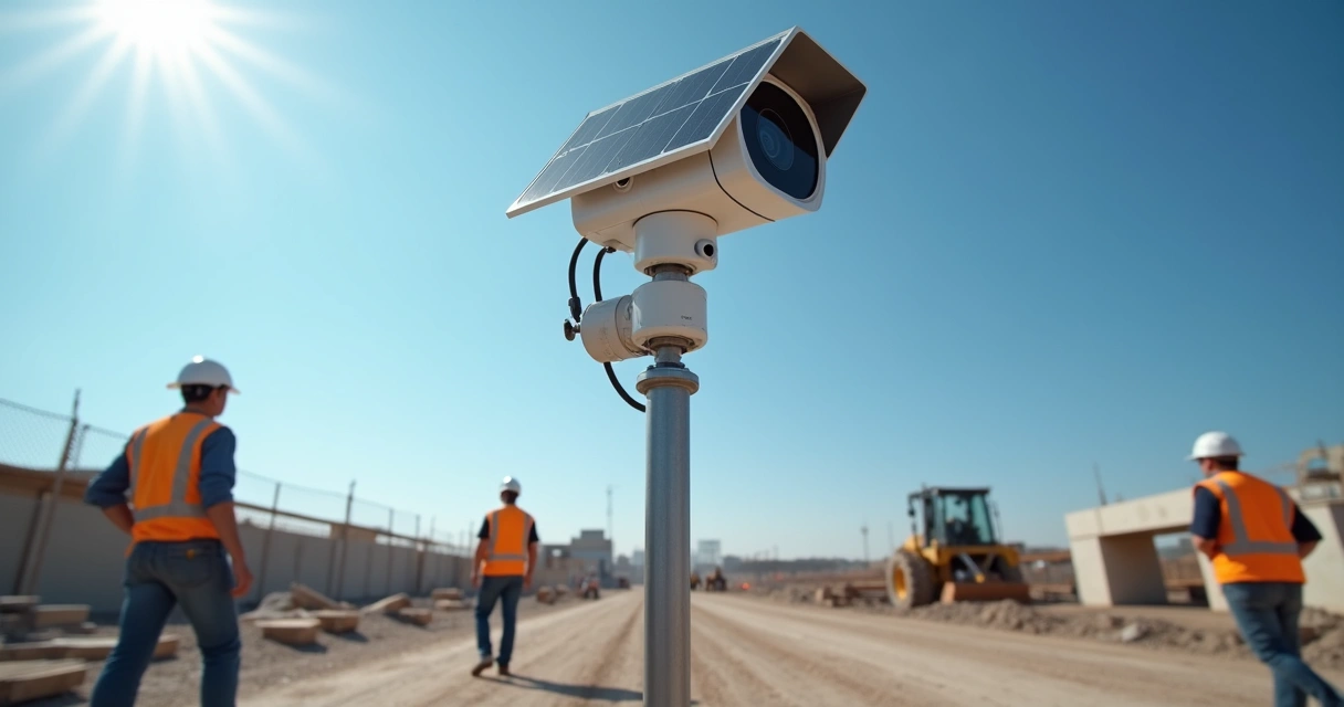 Câmera solar em canteiro de obras com estrutura metálica 