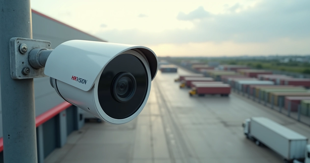 Câmera speed dome Hikvision instalada em mastro monitorando área ampla ao ar livre 