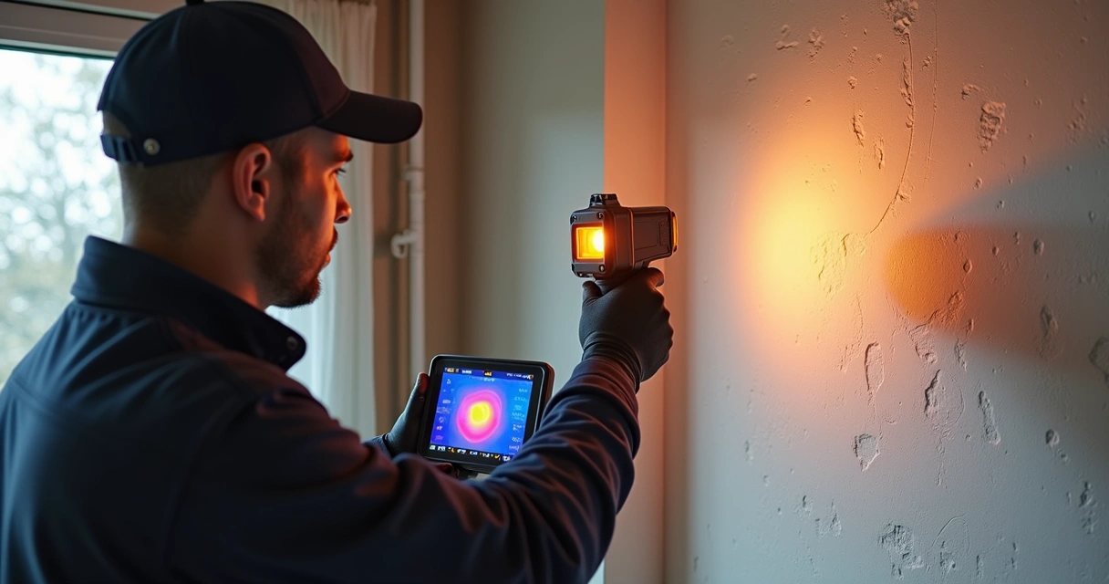 Técnico usa câmera termográfica para detetar fuga de água em parede 