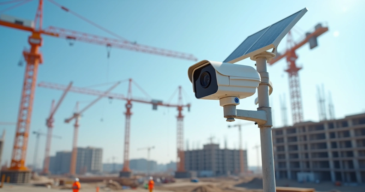 Câmera time-lapse 4G solar instalada em canteiro de obra capturando construção 