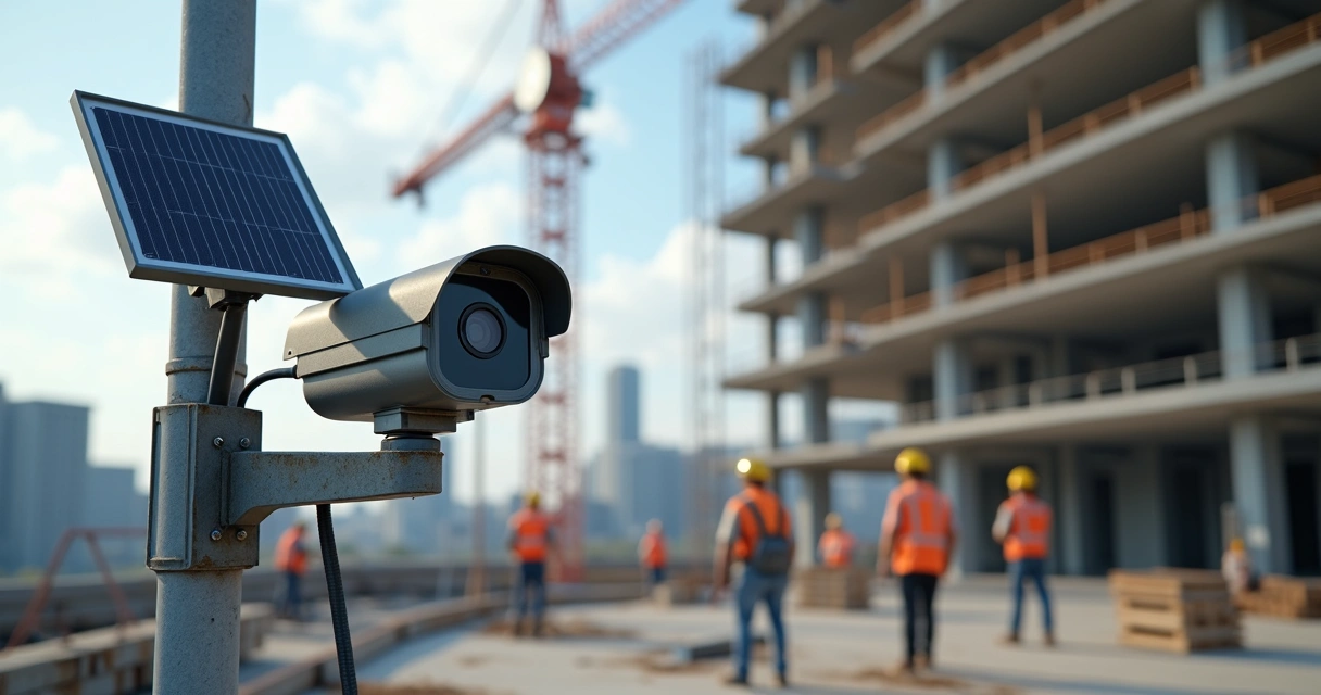 Câmera time-lapse 4K solar instalada em obra capturando construção em andamento 