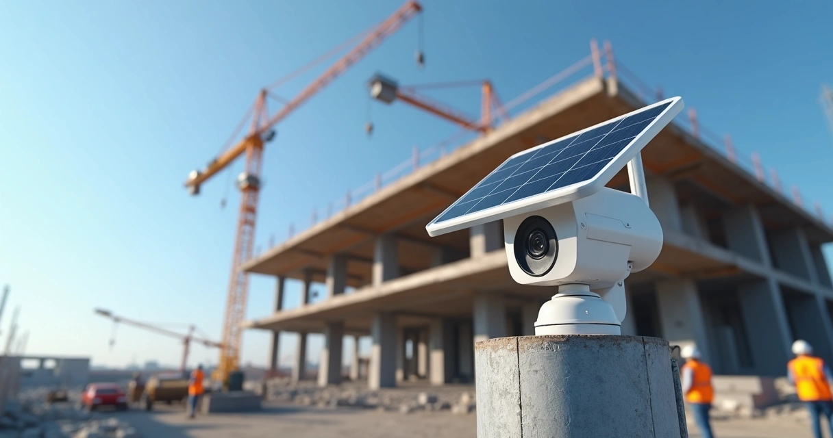 Câmera 4K PTZ solar com antena 4G instalada em canteiro de obra ao ar livre 