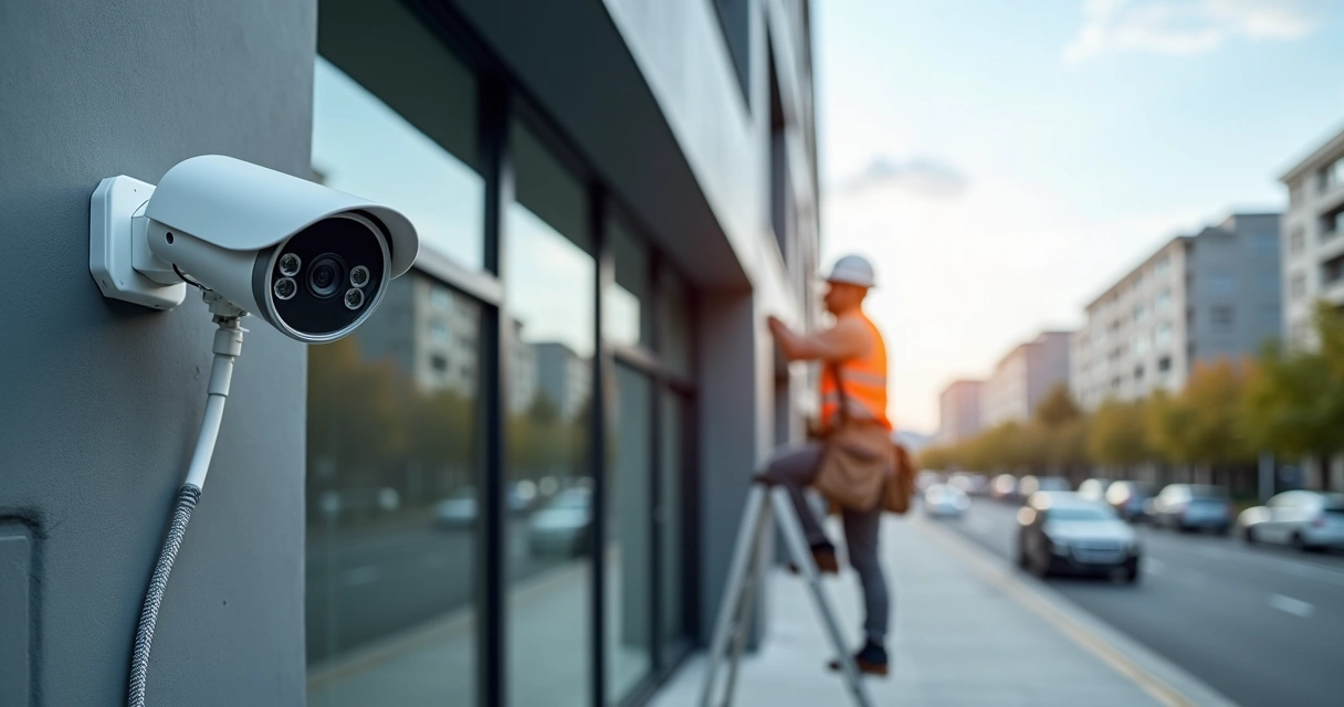 Técnico instalando câmara de vigilância em fachada de prédio comercial 