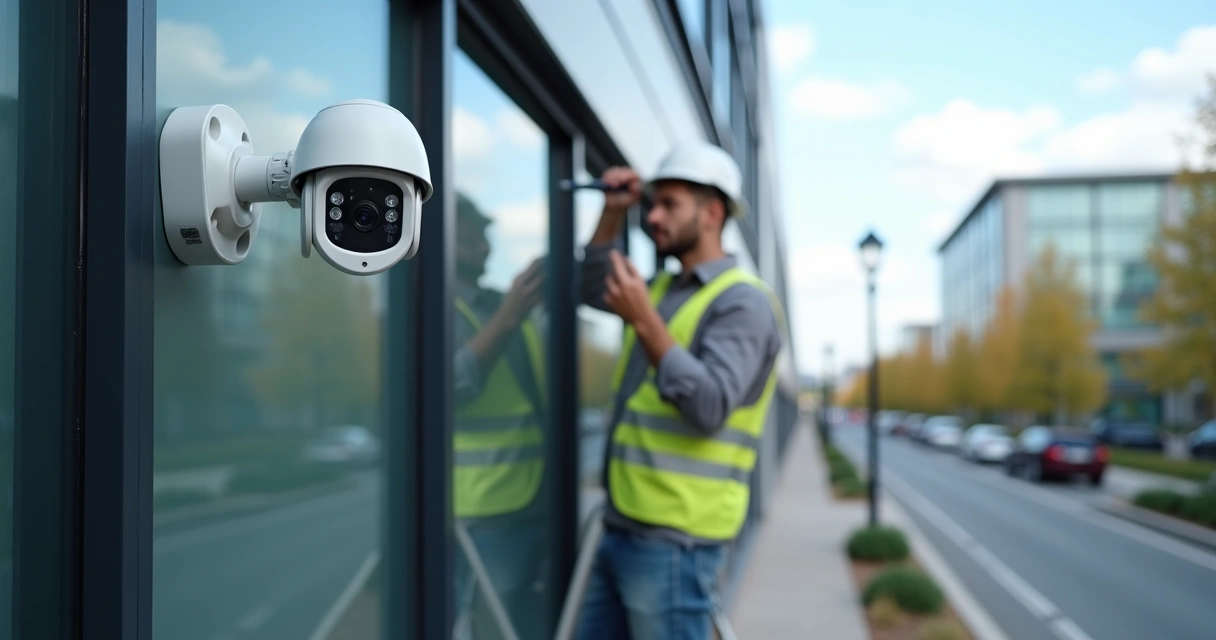 Técnico ajustando câmera de vigilância bullet em fachada de prédio comercial 
