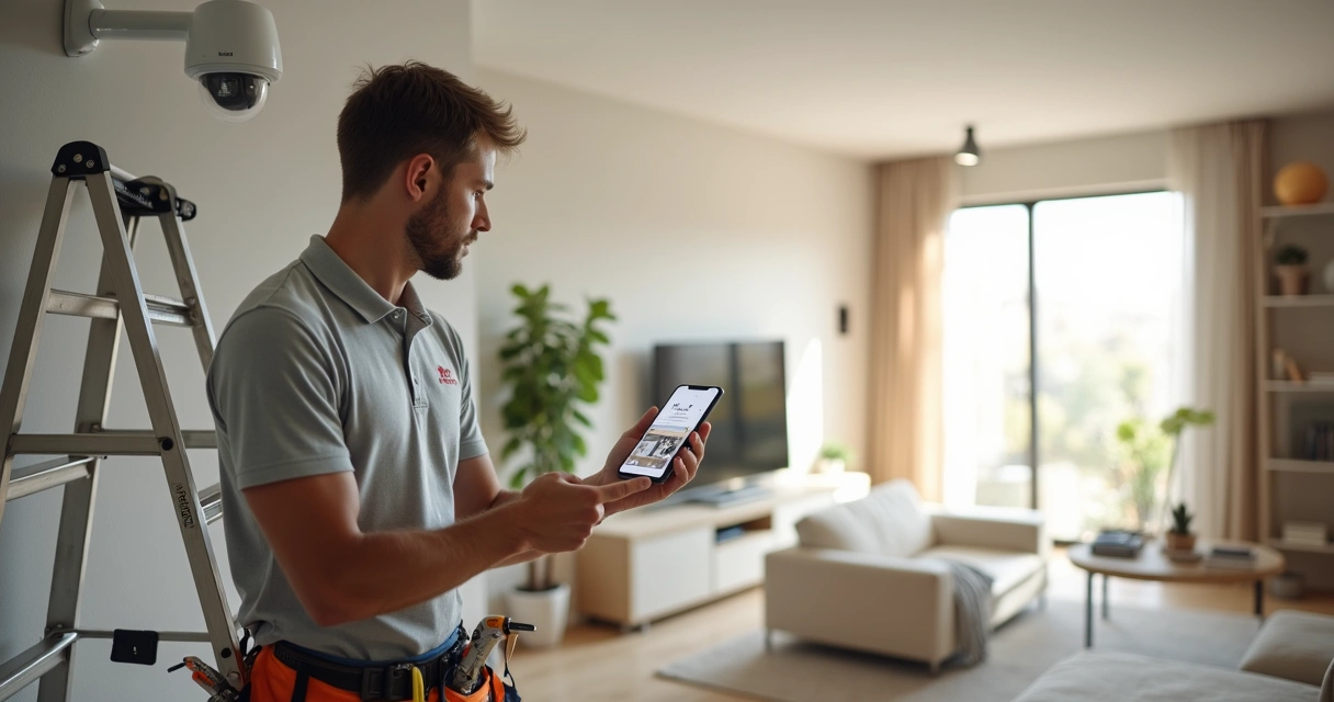 Instalador configura câmera Hikvision WiFi em residência usando smartphone 