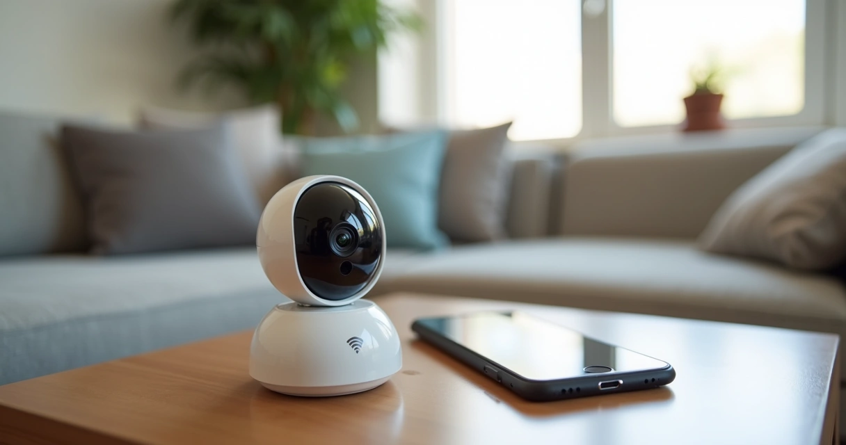 Câmera Wi-Fi portátil sobre mesa residencial