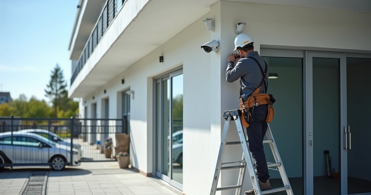 Instalador ajustando câmera de vigilância em fachada de prédio comercial moderno 