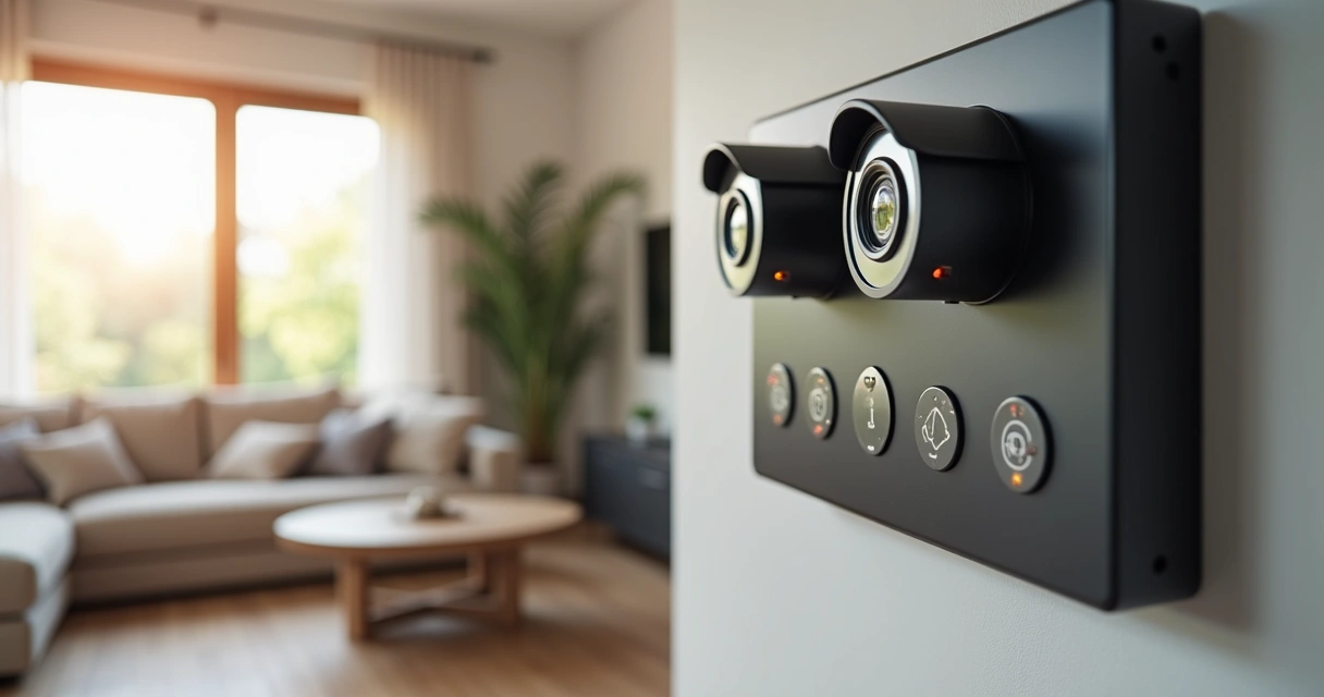 Câmeras e painel de alarme integrados em ambiente residencial