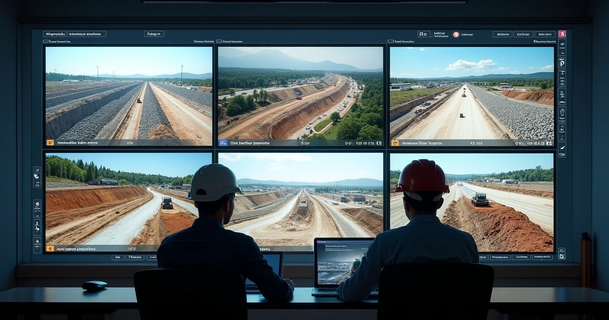 Painel mostrando várias áreas do canteiro cobertas por diferentes câmeras de monitoramento