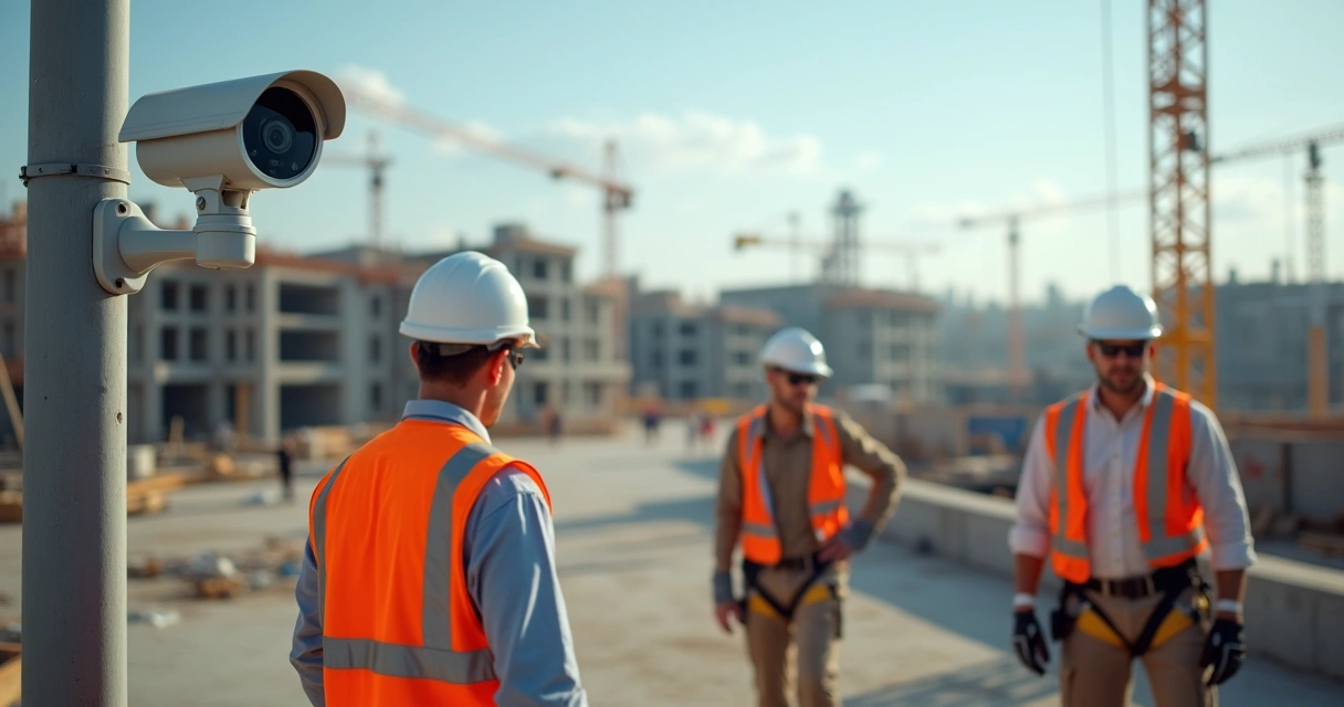 Câmeras monitorando trabalhadores de obra usando EPI 