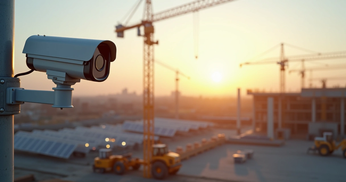 Câmera PTZ 4G solar instalada em canteiro de obra, captando imagens em tempo real.