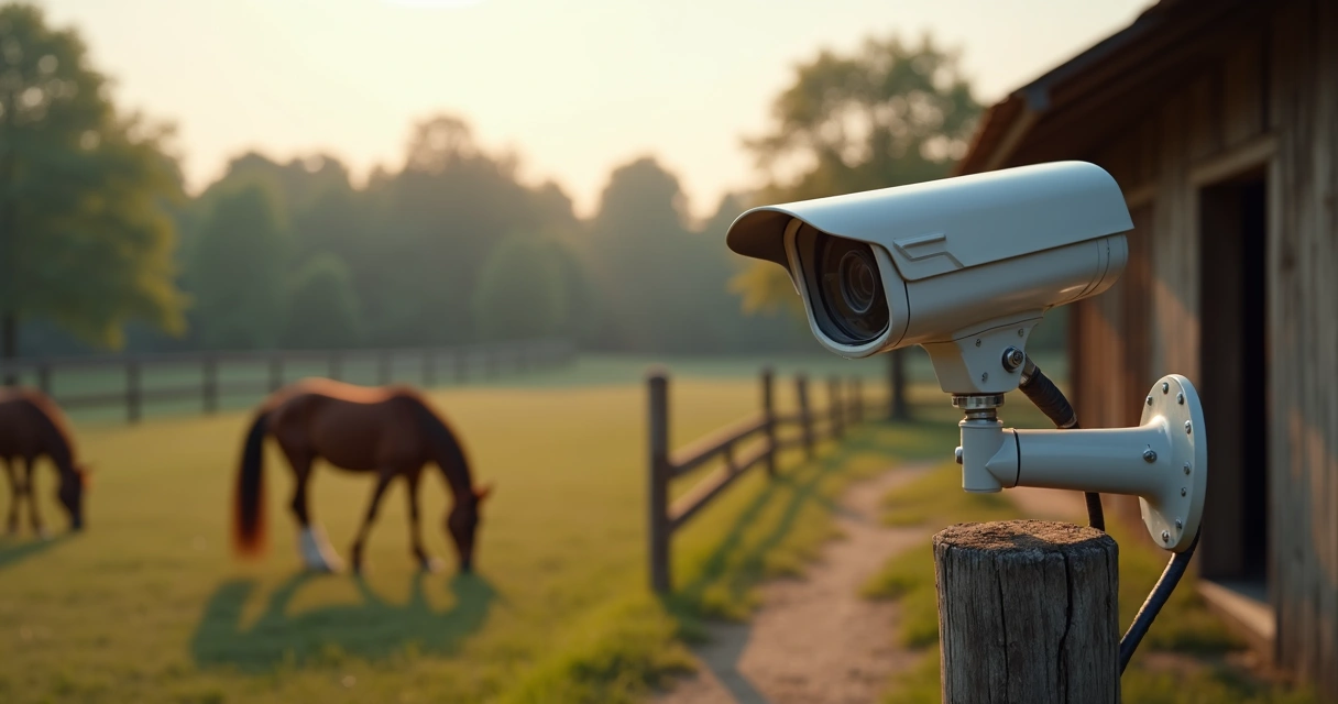 Câmera de segurança discreta instalada em haras próximo à cocheira