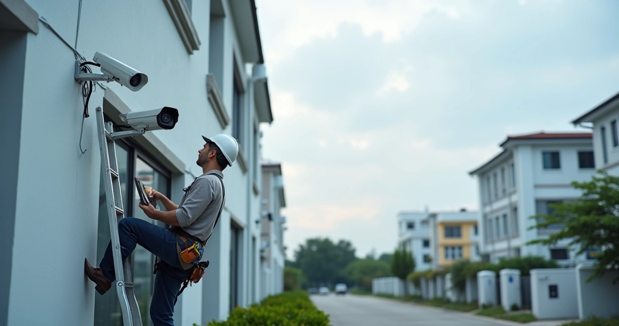 Instalador ajustando câmeras de segurança em fachada de prédio comercial 