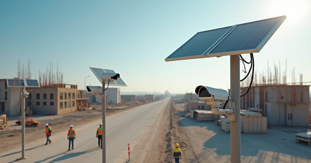 Câmeras de monitoramento instaladas em postes de obra 