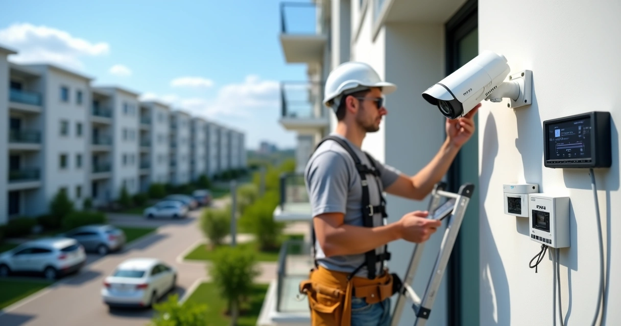 Instalador ajustando câmera de vigilância Intelbras em fachada de condomínio moderno 