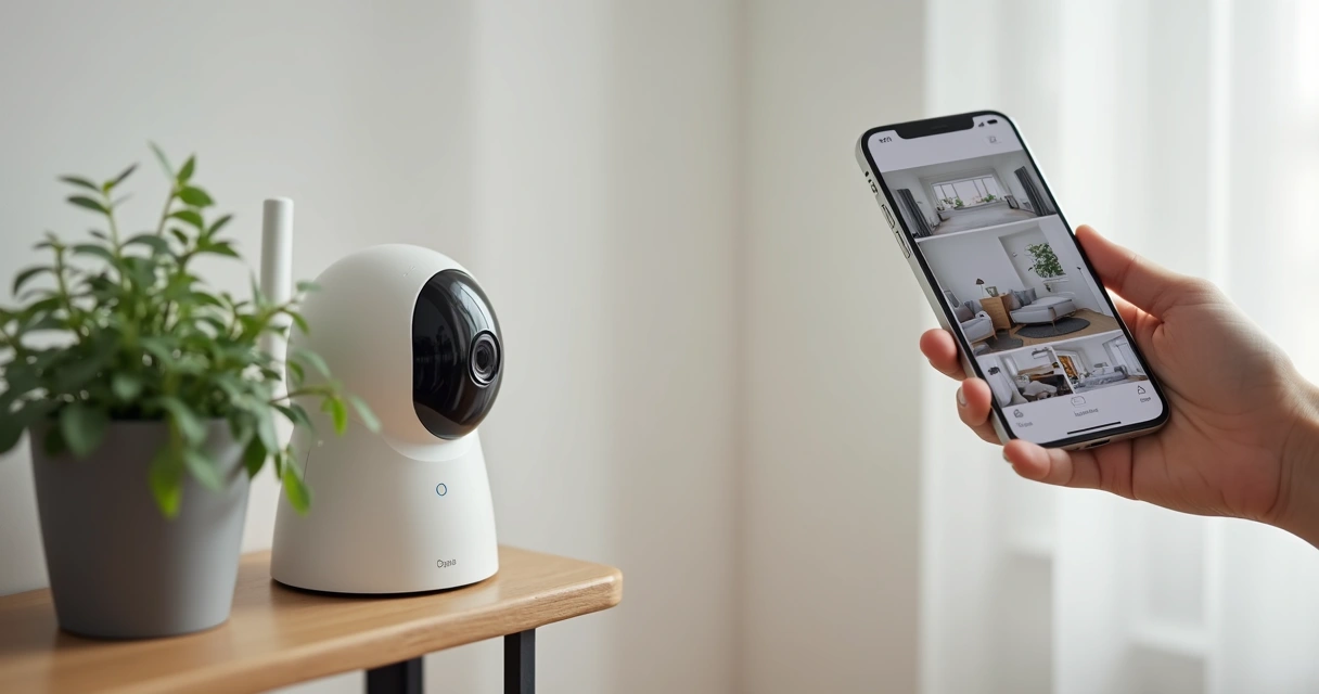 Câmera Wi-Fi e tela de aplicativo de monitoramento 