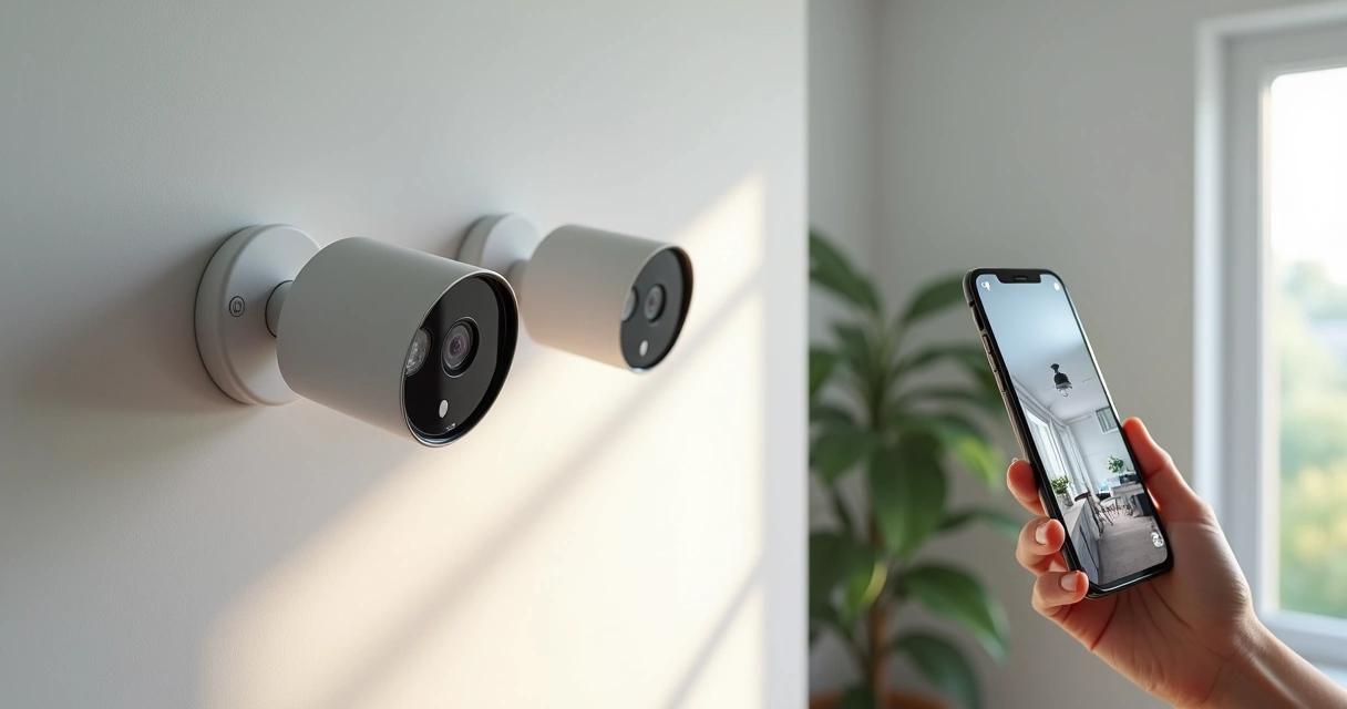Câmeras de segurança WiFi instaladas em parede interna de uma empresa
