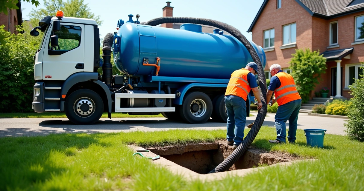 Caminhão de vácuo removendo resíduos de uma fossa séptica 