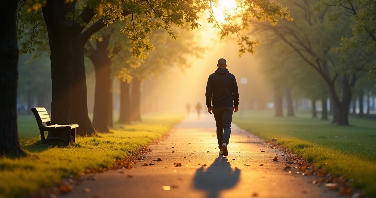 Persona caminando con atención plena por un parque tranquilo al amanecer