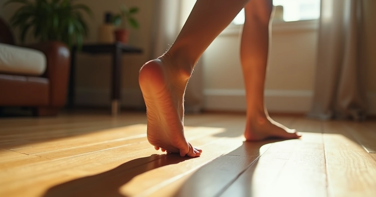 Pies caminando despacio con atención sobre un suelo de madera