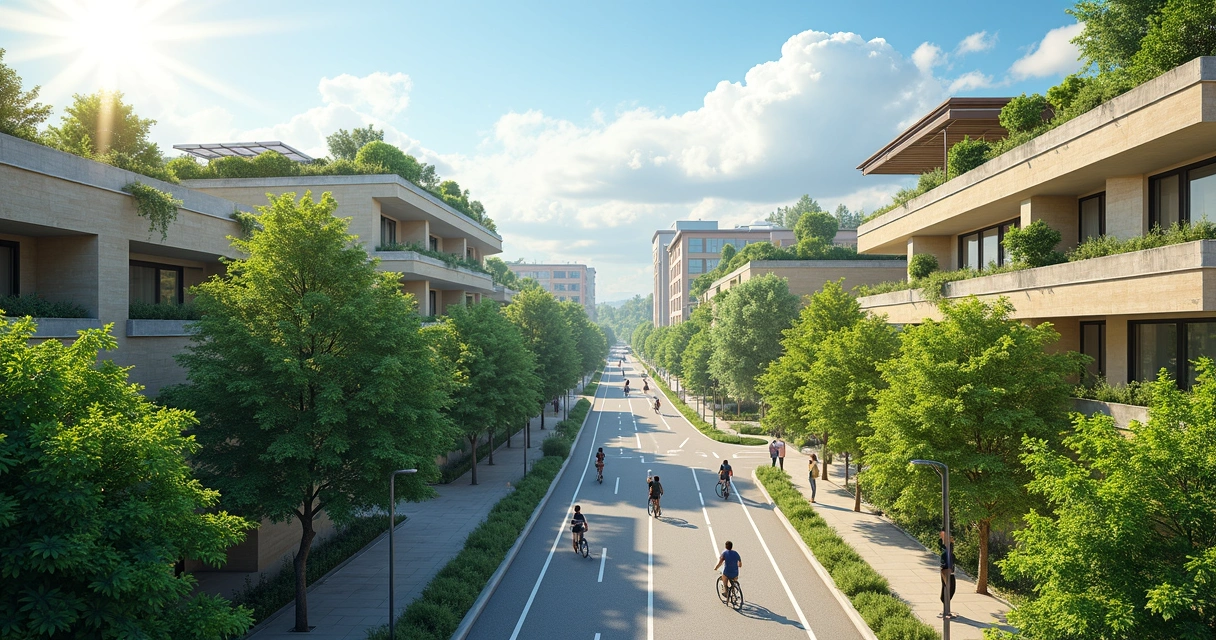Personas caminando y en bicicleta en una ciudad con paneles solares 
