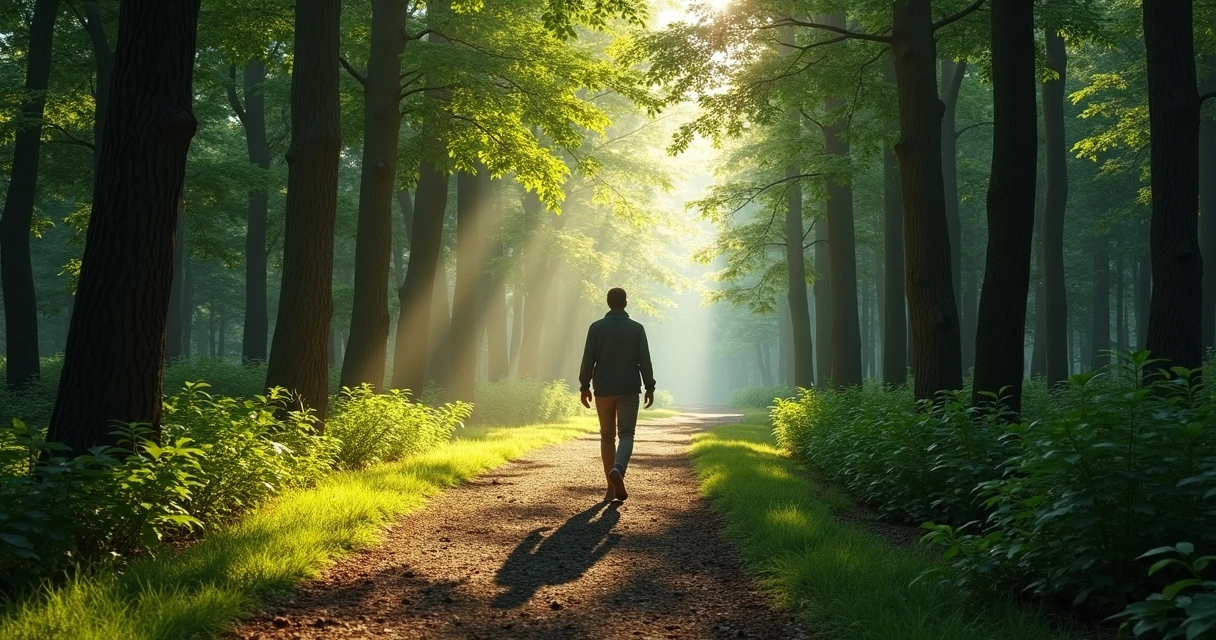 Persona caminando sola por un sendero de bosque, árboles verdes y luz suave