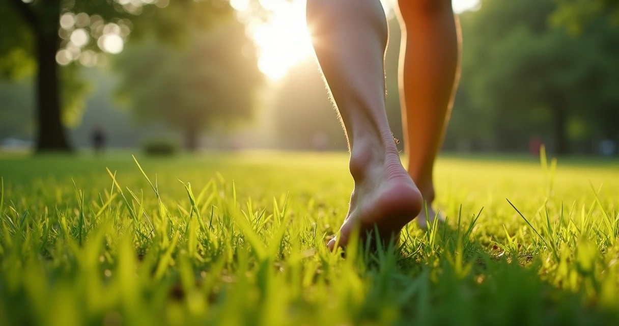 Persona caminando descalza sobre césped, enfocada en la sensación de los pies 