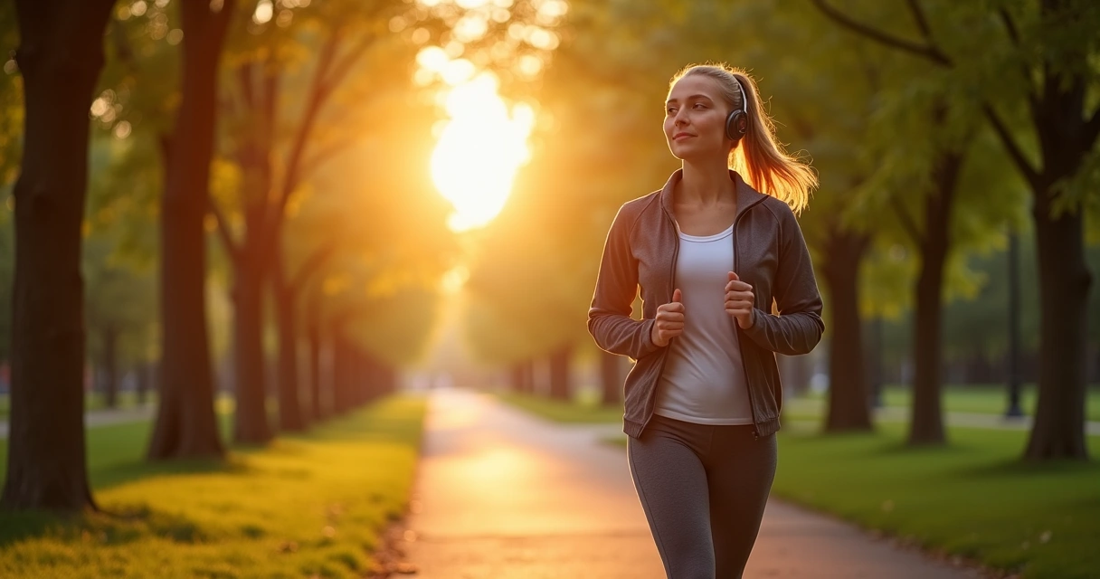 Persona caminando en un parque al atardecer 