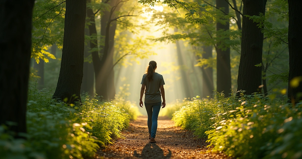 Persona caminando lentamente por un sendero de bosque, notando el entorno. 