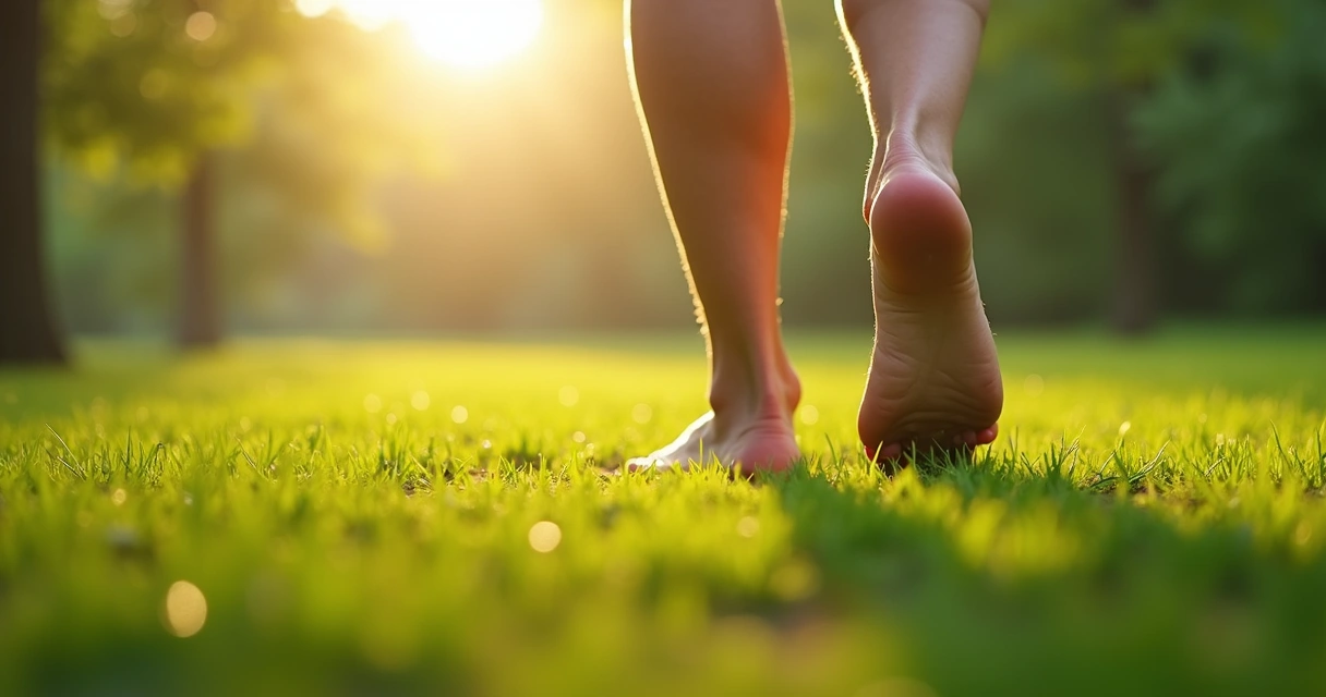 Persona caminando descalza sobre césped, enfocada y tranquila