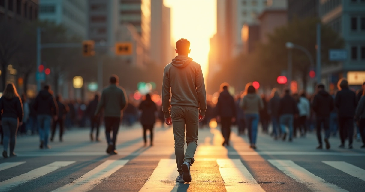Persona caminando contra la corriente de una multitud desenfocada en una ciudad 