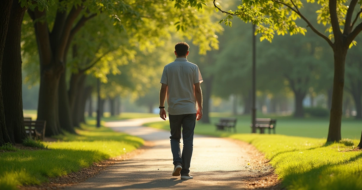 Persona caminando sola en un parque para calmarse 