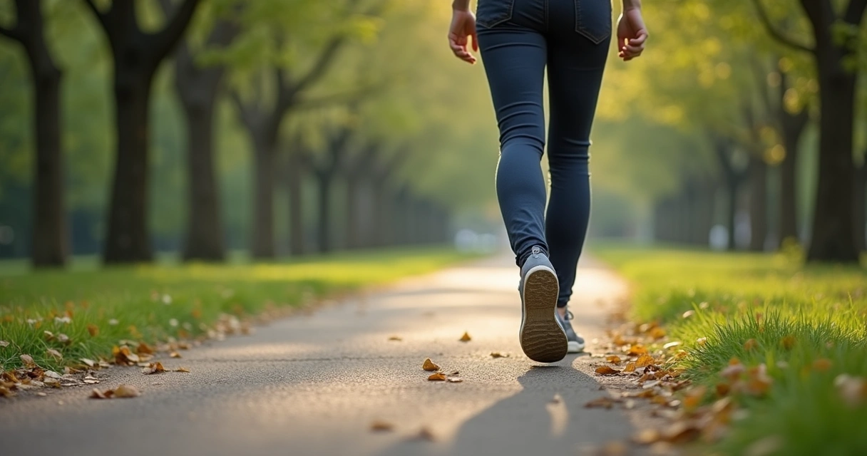Persona caminando despacio en un parque con atención al cuerpo
