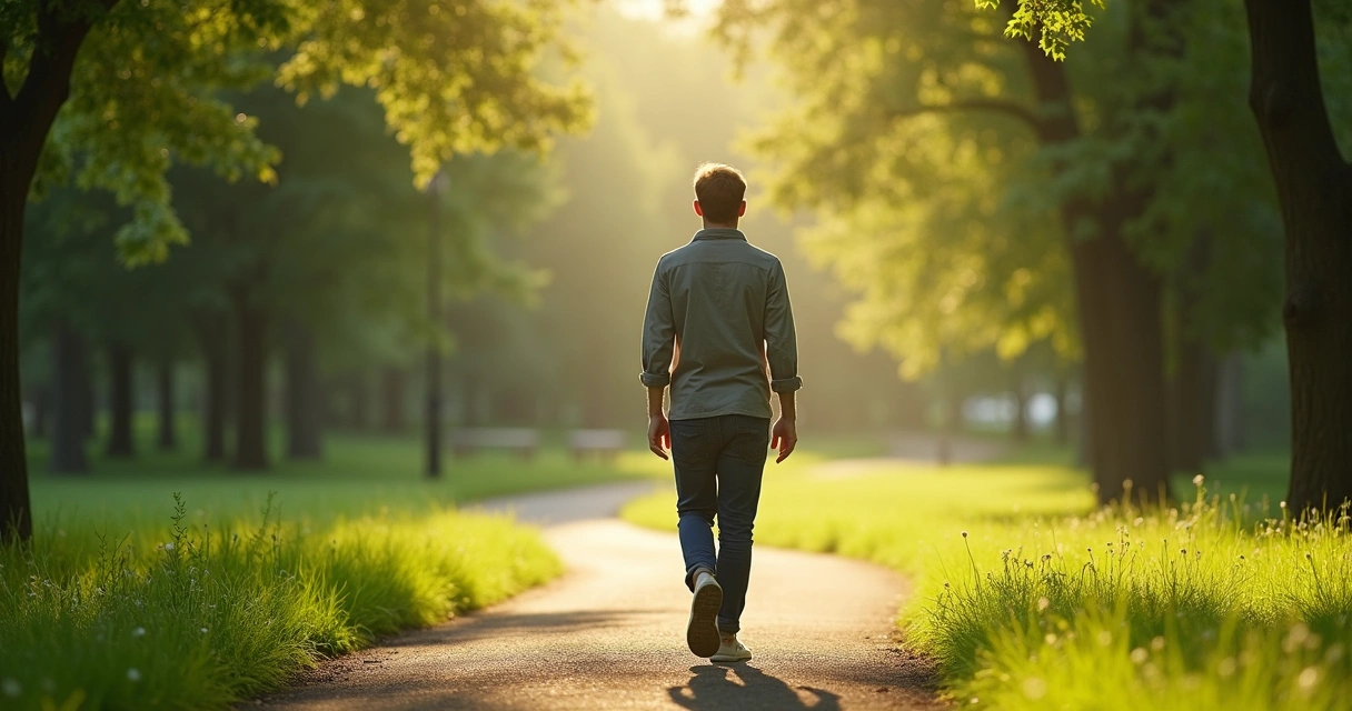 Persona caminando por un parque prestando atención a sus sentidos 