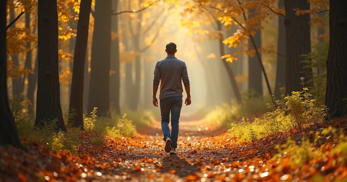 Persona caminando con atención plena por un bosque